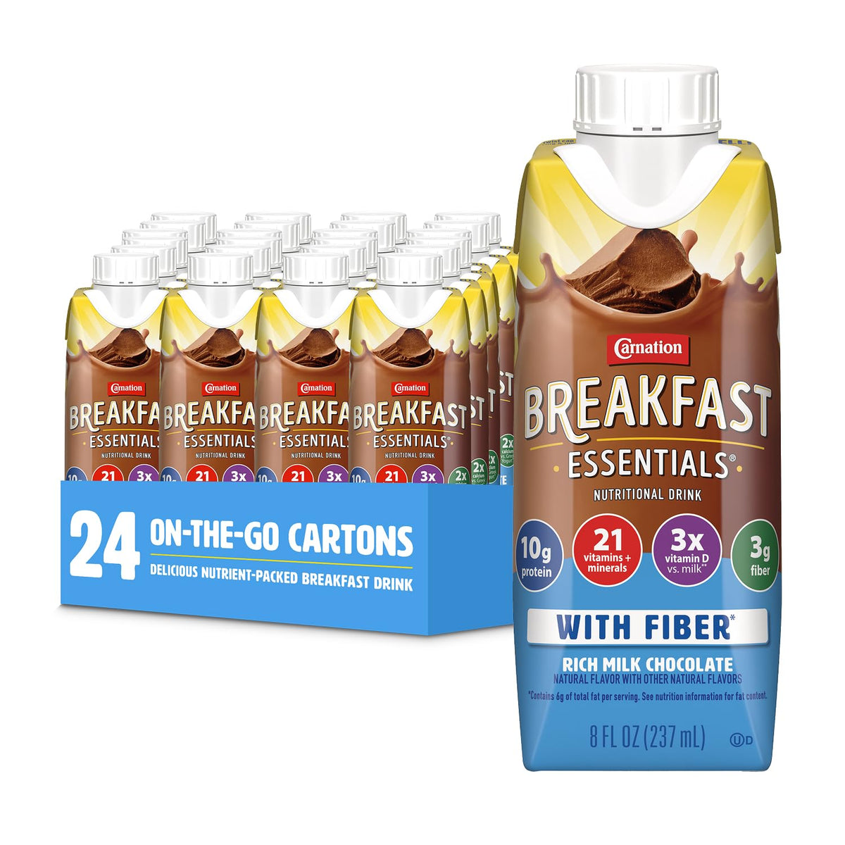 Carnation Breakfast Essentials Ready to Drink with Fiber,Rich Milk Chocolate,8 FL OZ Carton,(Pack of 48)