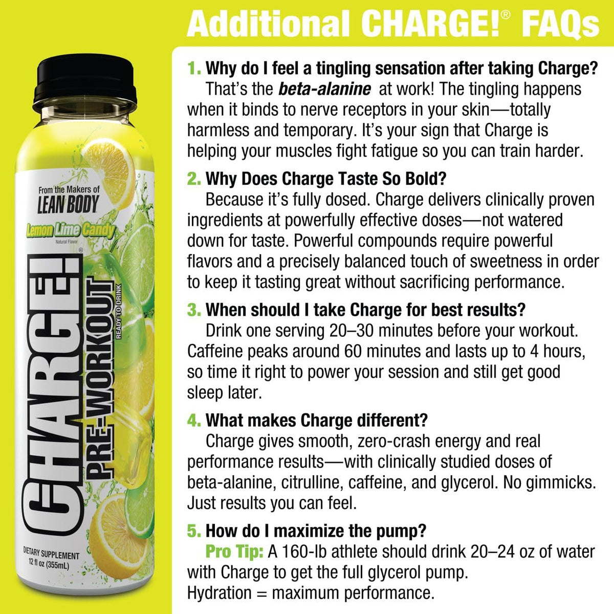 LABRADA Charge Pre Workout Watermelon Candy RTD Drink – Pump, Energy, Endurance Formula with 10g Glycerol, 6g L-Citrulline Malate, 4g Beta Alanine, 300mg Caffeine, + Total Hydration, 12 Servings