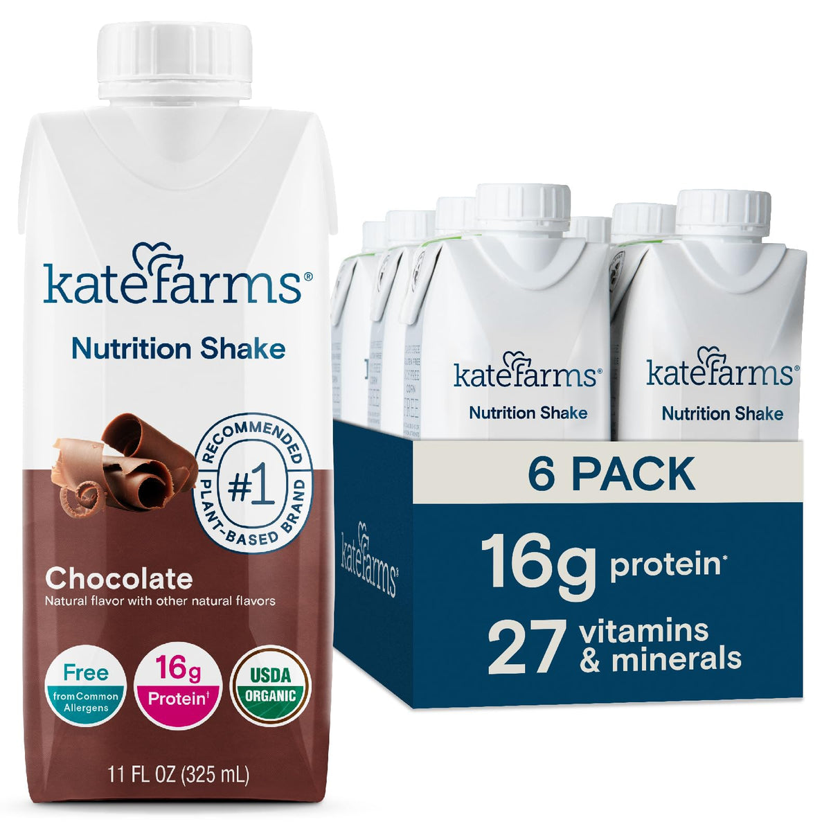 KATE FARMS Organic Nutrition Shake, Chocolate, 16g Protein, 12 Pack
