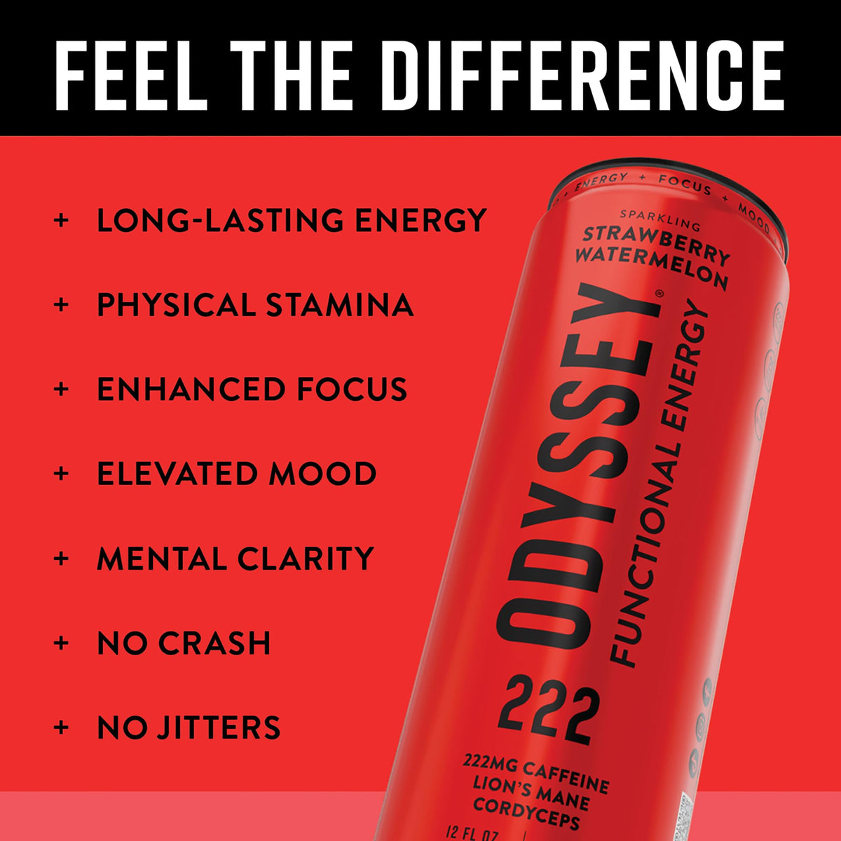 Odyssey Functional Energy Drink, 222mg Caffeine, Variety Pack, 12 OZ | Mushroom energy drink with Lion's Mane, Cordyceps, Ginseng & L-Theanine, no jitters, no crash, vegan & No Added sugars