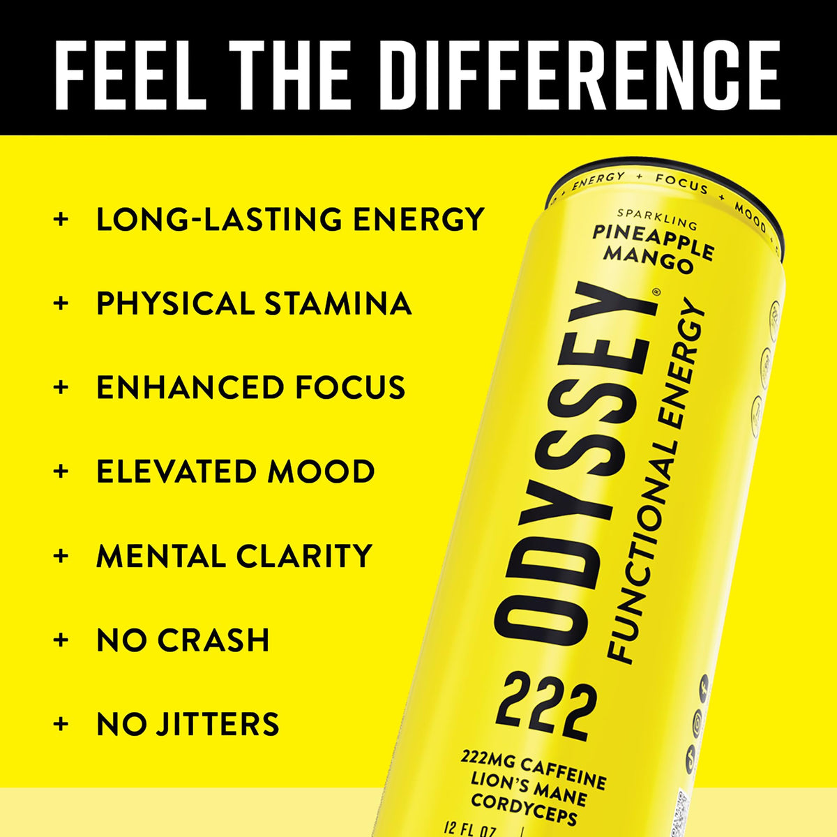 Odyssey Functional Energy Drink, 222mg Caffeine, Variety Pack, 12 OZ | Mushroom energy drink with Lion's Mane, Cordyceps, Ginseng & L-Theanine, no jitters, no crash, vegan & No Added sugars