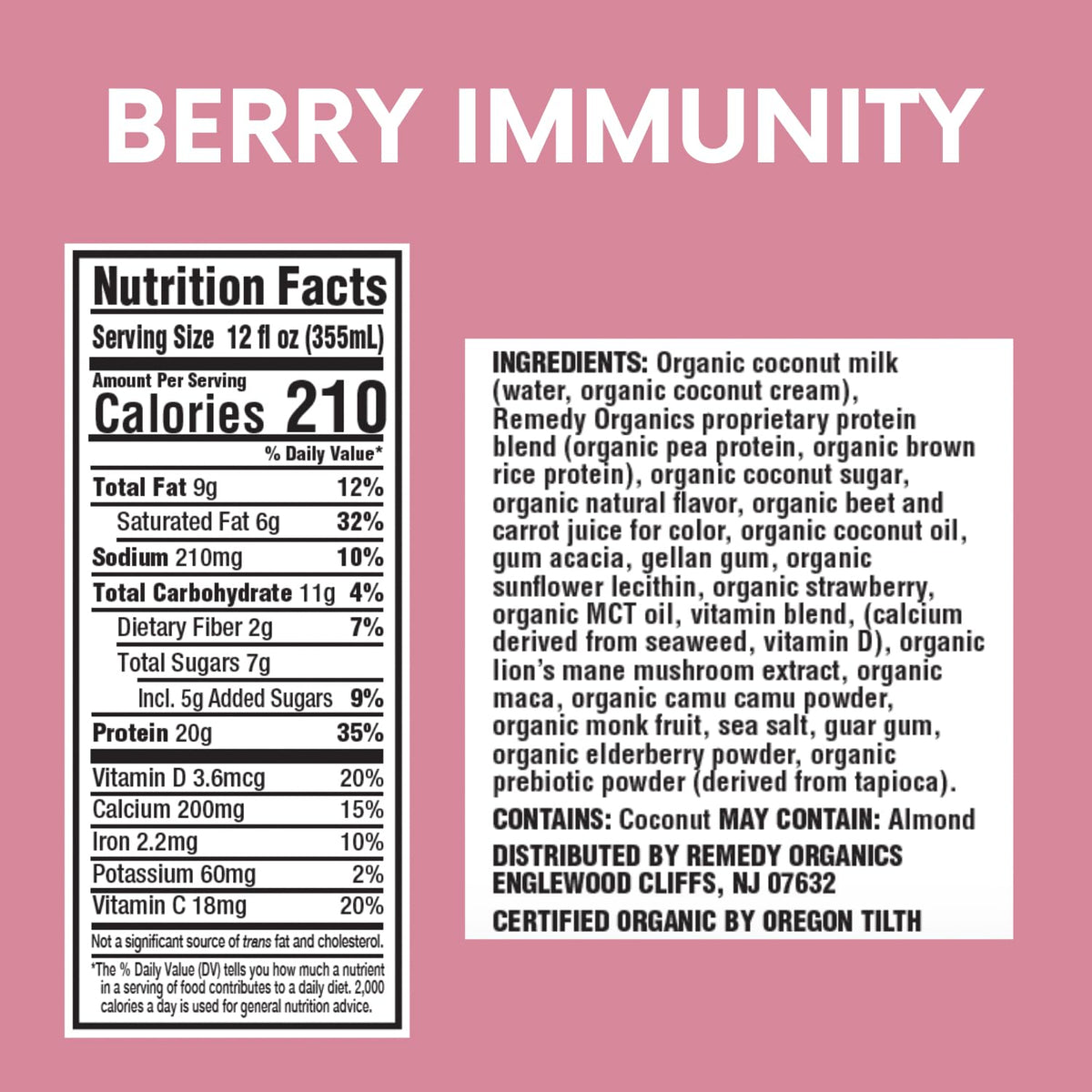Remedy Organics Berry Immunity 12-Pack | Plant Based 20g Protein Shakes, Ready to Drink | USDA Organic, Gluten Free, Dairy Free, Soy Free