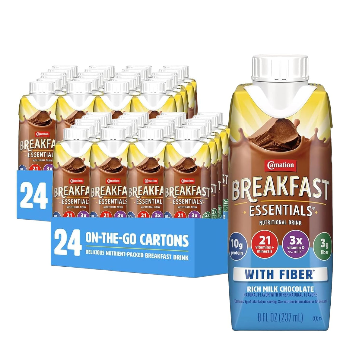 Carnation Breakfast Essentials Ready to Drink with Fiber,Rich Milk Chocolate,8 FL OZ Carton,(Pack of 48)