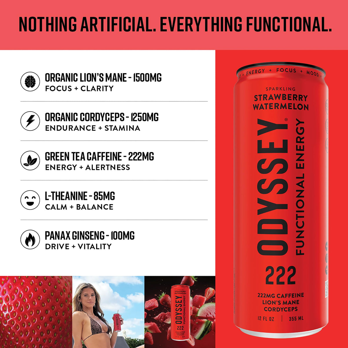 Odyssey Functional Energy Drink, 222mg Caffeine, Variety Pack, 12 OZ | Mushroom energy drink with Lion's Mane, Cordyceps, Ginseng & L-Theanine, no jitters, no crash, vegan & No Added sugars