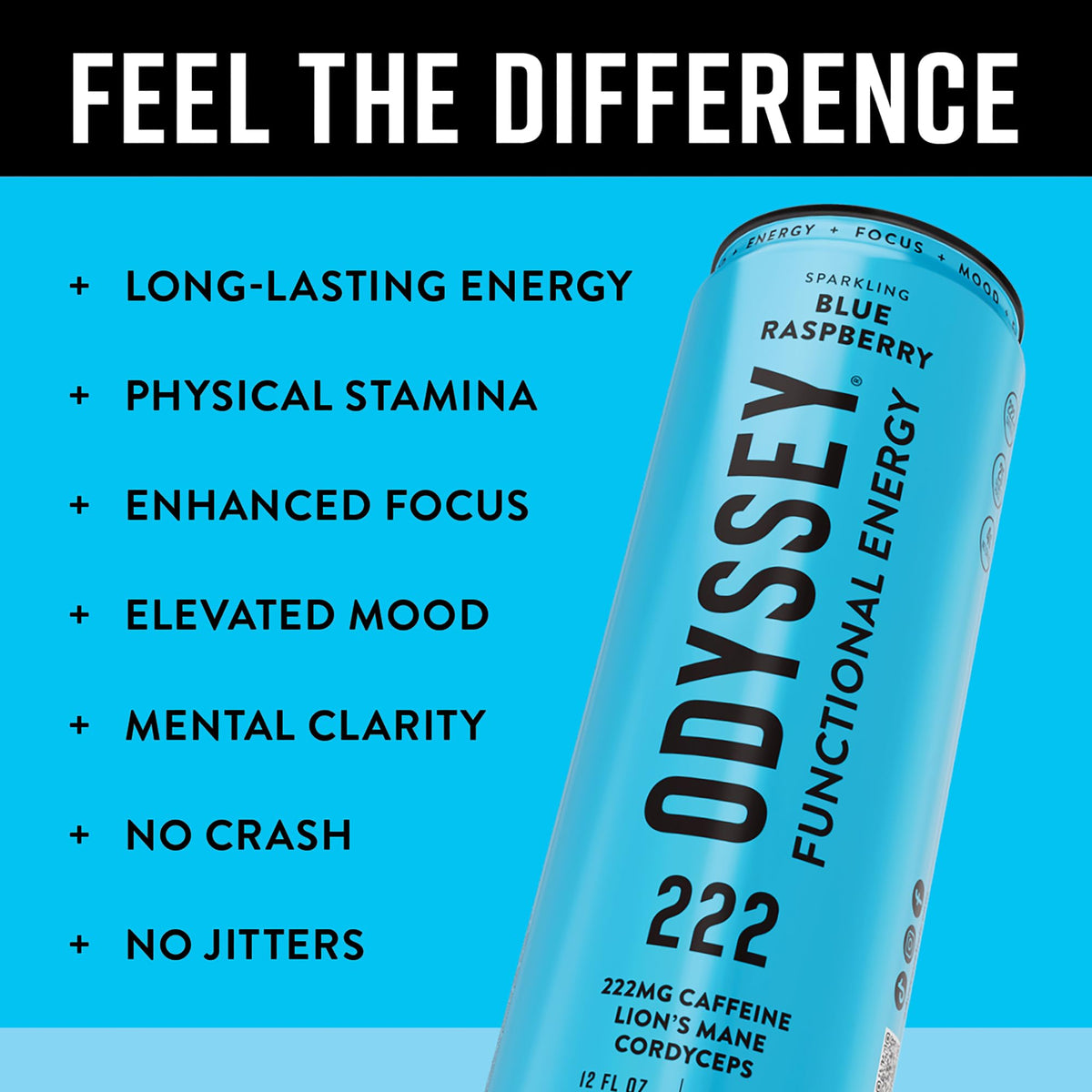 Odyssey Functional Energy Drink, 222mg Caffeine, Variety Pack, 12 OZ | Mushroom energy drink with Lion's Mane, Cordyceps, Ginseng & L-Theanine, no jitters, no crash, vegan & No Added sugars