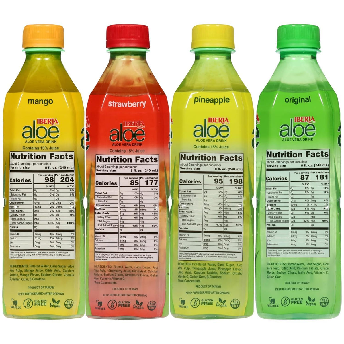 Iberia Aloe Vera Drink with Aloe Vera Pulp, Variety Pack, (Pack of 8) 2 x Original, 2 x Mango, 2 x Pineapple, 2 x Strawberry