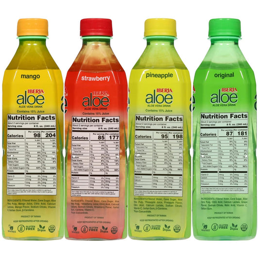 Iberia Aloe Vera Drink with Aloe Vera Pulp, Variety Pack, (Pack of 8) 2 x Original, 2 x Mango, 2 x Pineapple, 2 x Strawberry