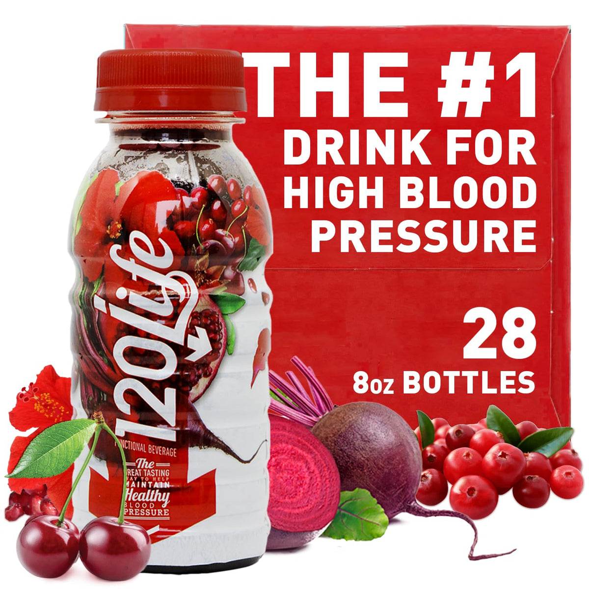 120/Life Blood Pressure Support, Beet Root Juice, Pomegranate Extract, Cranberry Juice, Tart Cherry, Hibiscus, and Magnesium (8 Fl Oz, Pack of 28) - Gluten-Free & Vegan