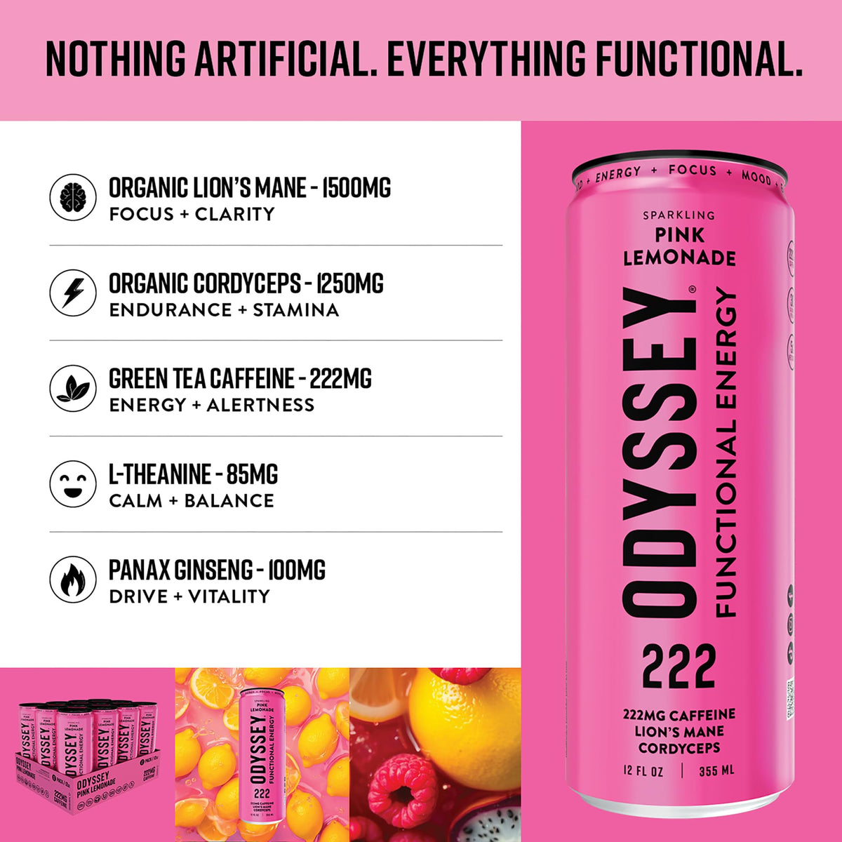 Odyssey Functional Energy Drink, 222mg Caffeine, Variety Pack, 12 OZ | Mushroom energy drink with Lion's Mane, Cordyceps, Ginseng & L-Theanine, no jitters, no crash, vegan & No Added sugars