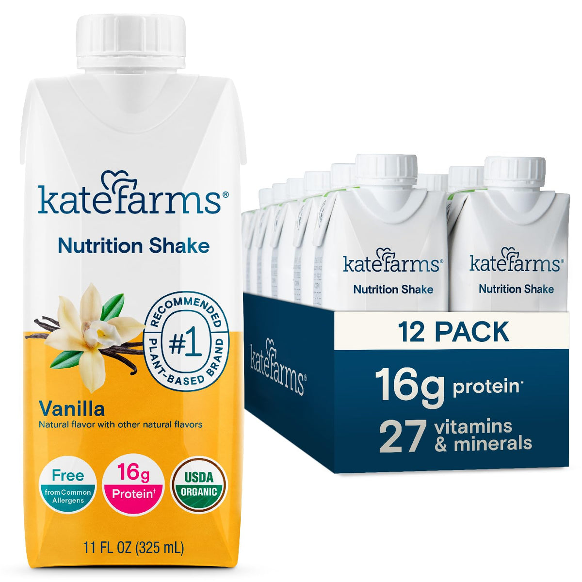 KATE FARMS Organic Nutrition Shake, Chocolate, 16g Protein, 12 Pack