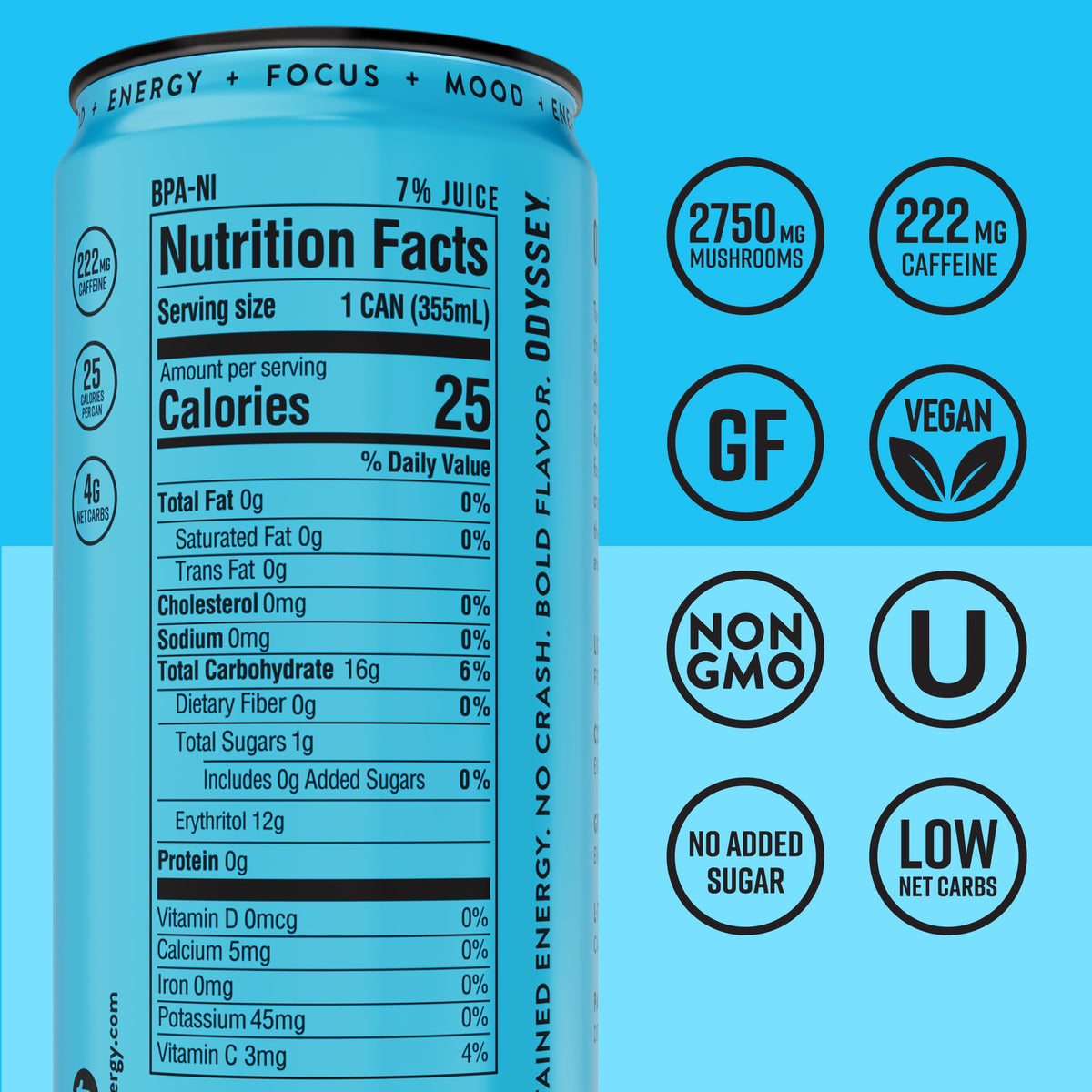 Odyssey Functional Energy Drink, 222mg Caffeine, Variety Pack, 12 OZ | Mushroom energy drink with Lion's Mane, Cordyceps, Ginseng & L-Theanine, no jitters, no crash, vegan & No Added sugars