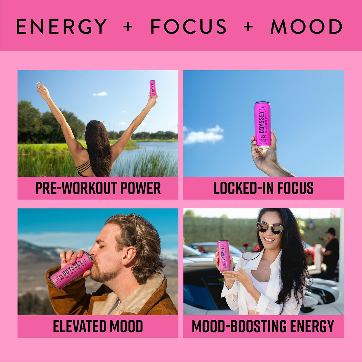 Odyssey Functional Energy Drink, 222mg Caffeine, Variety Pack, 12 OZ | Mushroom energy drink with Lion's Mane, Cordyceps, Ginseng & L-Theanine, no jitters, no crash, vegan & No Added sugars