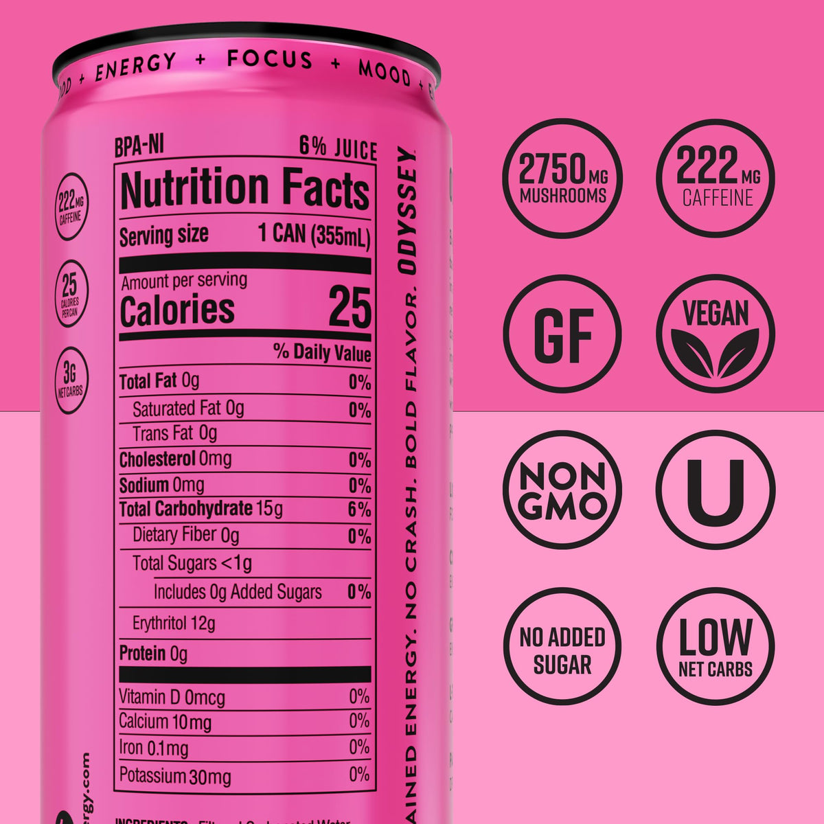 Odyssey Functional Energy Drink, 222mg Caffeine, Variety Pack, 12 OZ | Mushroom energy drink with Lion's Mane, Cordyceps, Ginseng & L-Theanine, no jitters, no crash, vegan & No Added sugars