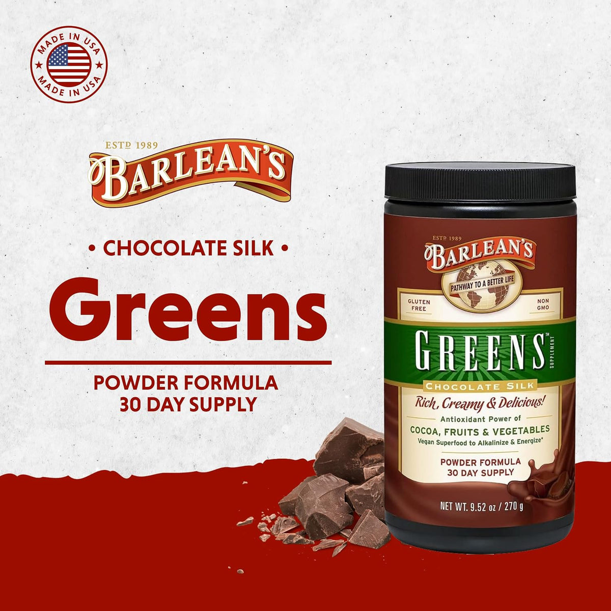 Barlean's Chocolate Greens Powder, Superfood Drink Mix, Vegan, 9.52oz
