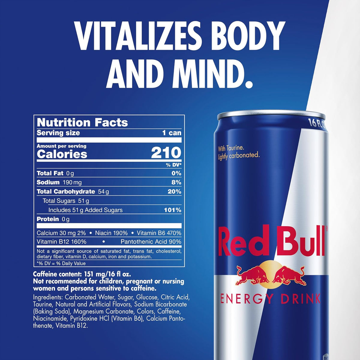 Red Bull Energy Drink | contains caffeine, taurine, B-vitamins, sugar, and water, 16 fl oz, pack of 12 cans