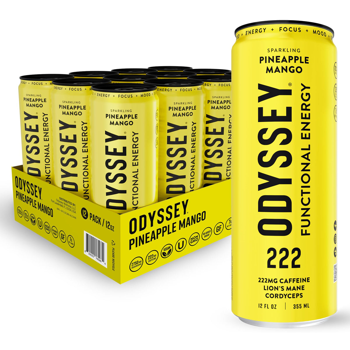 Odyssey Functional Energy Drink, 222mg Caffeine, Variety Pack, 12 OZ | Mushroom energy drink with Lion's Mane, Cordyceps, Ginseng & L-Theanine, no jitters, no crash, vegan & No Added sugars