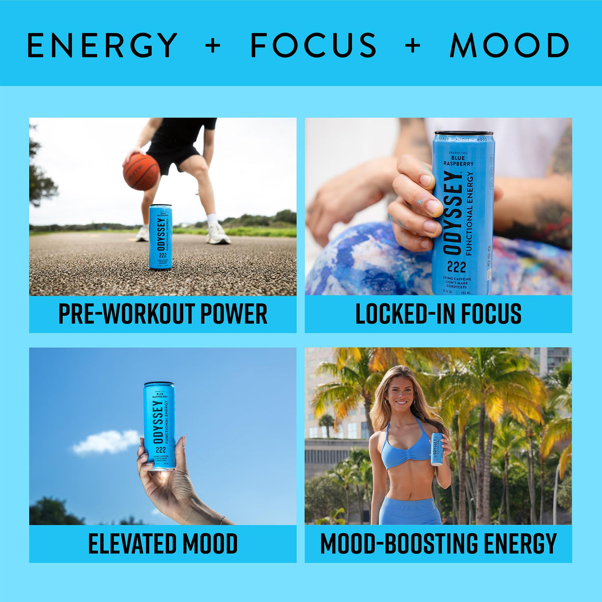 Odyssey Functional Energy Drink, 222mg Caffeine, Variety Pack, 12 OZ | Mushroom energy drink with Lion's Mane, Cordyceps, Ginseng & L-Theanine, no jitters, no crash, vegan & No Added sugars
