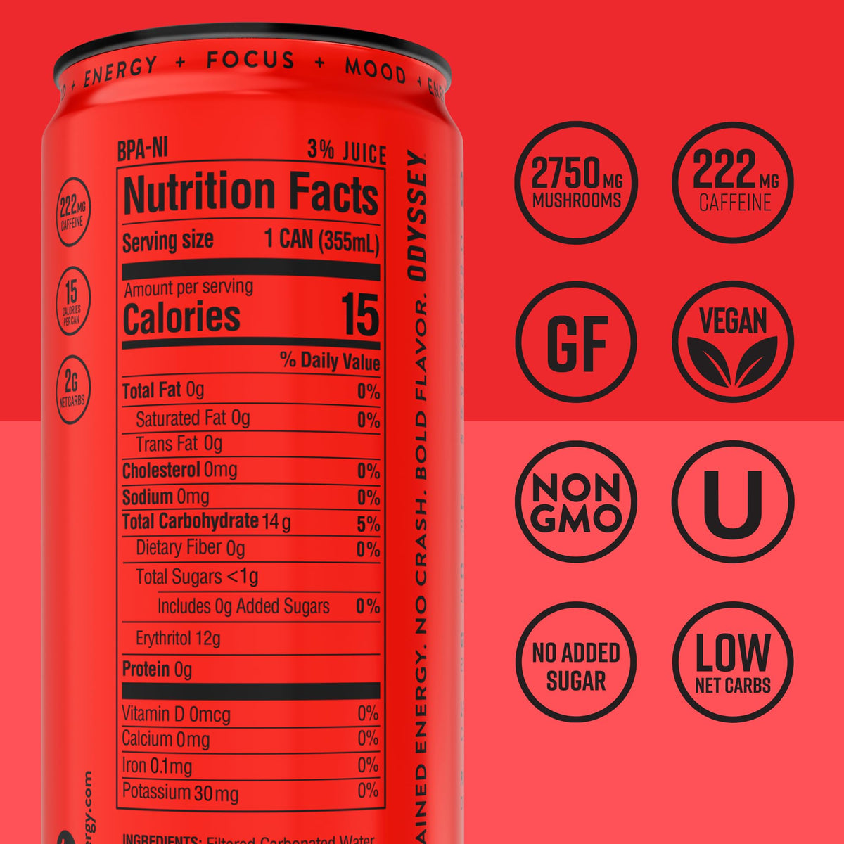 Odyssey Functional Energy Drink, 222mg Caffeine, Variety Pack, 12 OZ | Mushroom energy drink with Lion's Mane, Cordyceps, Ginseng & L-Theanine, no jitters, no crash, vegan & No Added sugars