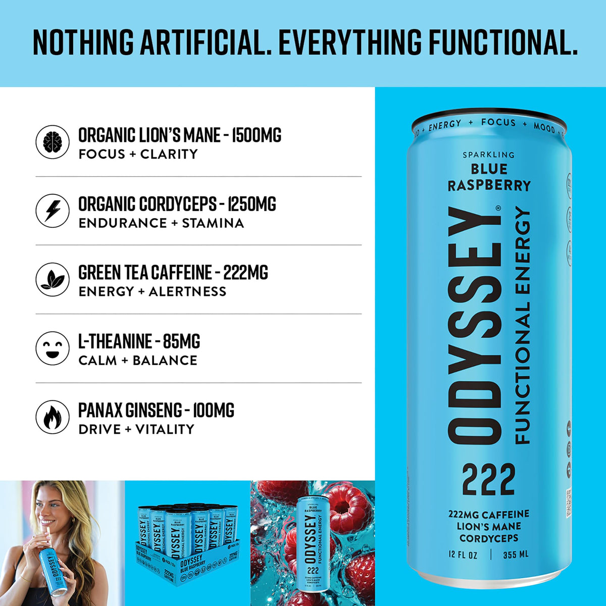 Odyssey Functional Energy Drink, 222mg Caffeine, Variety Pack, 12 OZ | Mushroom energy drink with Lion's Mane, Cordyceps, Ginseng & L-Theanine, no jitters, no crash, vegan & No Added sugars