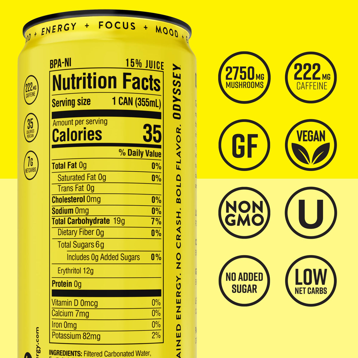 Odyssey Functional Energy Drink, 222mg Caffeine, Variety Pack, 12 OZ | Mushroom energy drink with Lion's Mane, Cordyceps, Ginseng & L-Theanine, no jitters, no crash, vegan & No Added sugars