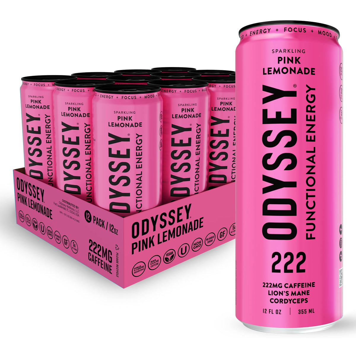 Odyssey Functional Energy Drink, 222mg Caffeine, Variety Pack, 12 OZ | Mushroom energy drink with Lion's Mane, Cordyceps, Ginseng & L-Theanine, no jitters, no crash, vegan & No Added sugars