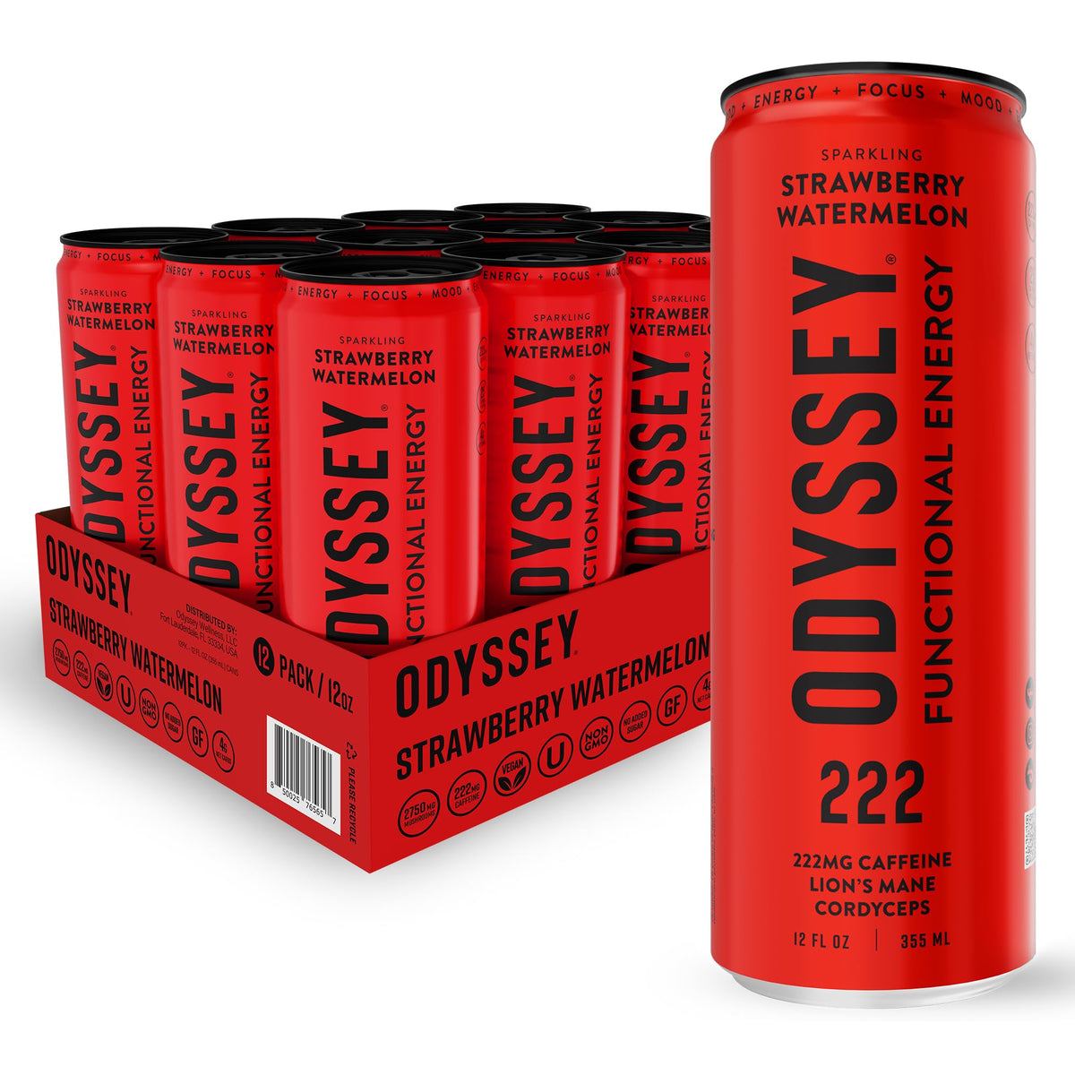 Odyssey Functional Energy Drink, 222mg Caffeine, Variety Pack, 12 OZ | Mushroom energy drink with Lion's Mane, Cordyceps, Ginseng & L-Theanine, no jitters, no crash, vegan & No Added sugars