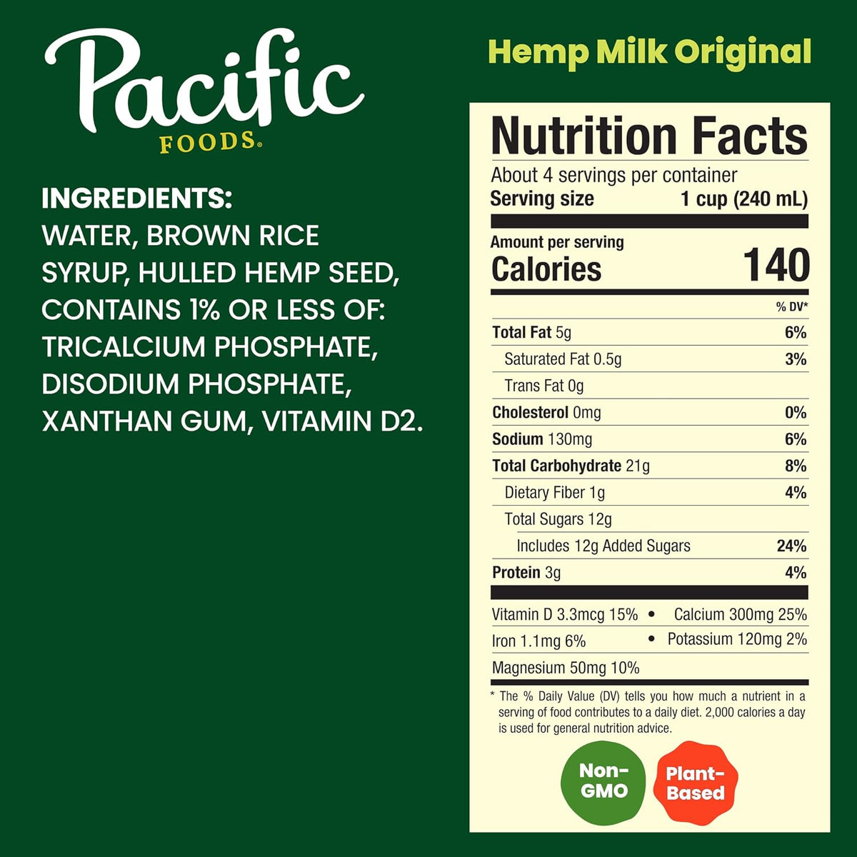 Pacific Foods Hemp Original Plant-Based Beverage, 32 Fl Oz (Pack of 12)
