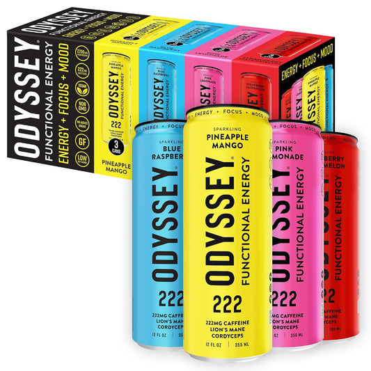 Odyssey Functional Energy Drink, 222mg Caffeine, Variety Pack, 12 OZ | Mushroom energy drink with Lion's Mane, Cordyceps, Ginseng & L-Theanine, no jitters, no crash, vegan & No Added sugars