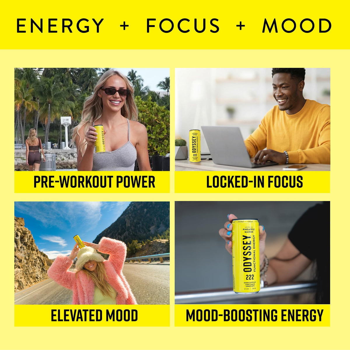 Odyssey Functional Energy Drink, 222mg Caffeine, Variety Pack, 12 OZ | Mushroom energy drink with Lion's Mane, Cordyceps, Ginseng & L-Theanine, no jitters, no crash, vegan & No Added sugars