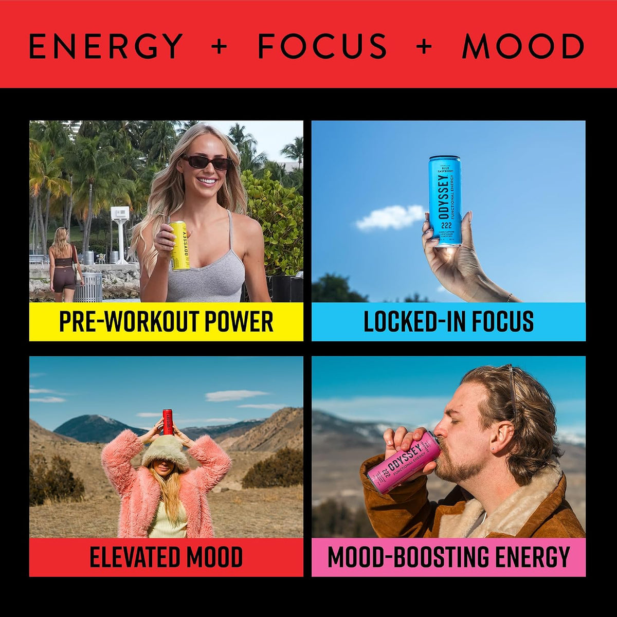 Odyssey Functional Energy Drink, 222mg Caffeine, Variety Pack, 12 OZ | Mushroom energy drink with Lion's Mane, Cordyceps, Ginseng & L-Theanine, no jitters, no crash, vegan & No Added sugars