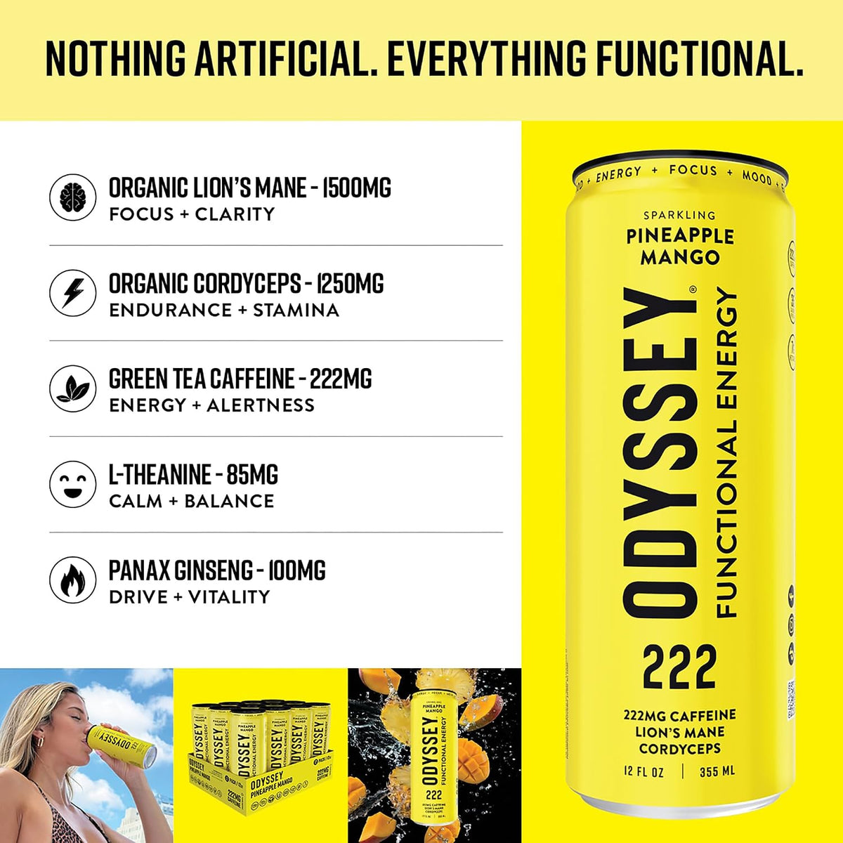Odyssey Functional Energy Drink, 222mg Caffeine, Variety Pack, 12 OZ | Mushroom energy drink with Lion's Mane, Cordyceps, Ginseng & L-Theanine, no jitters, no crash, vegan & No Added sugars
