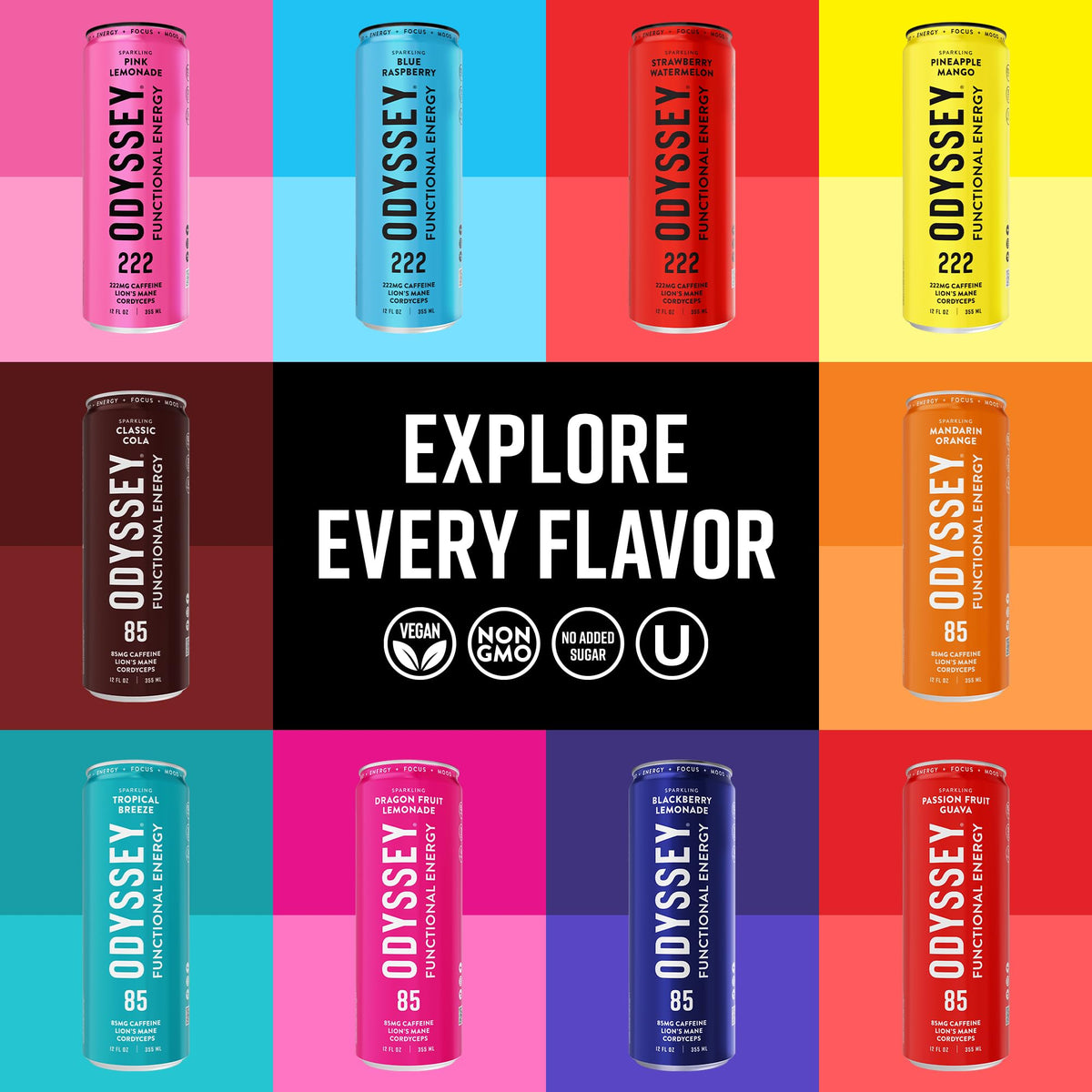 Odyssey Functional Energy Drink, 222mg Caffeine, Variety Pack, 12 OZ | Mushroom energy drink with Lion's Mane, Cordyceps, Ginseng & L-Theanine, no jitters, no crash, vegan & No Added sugars