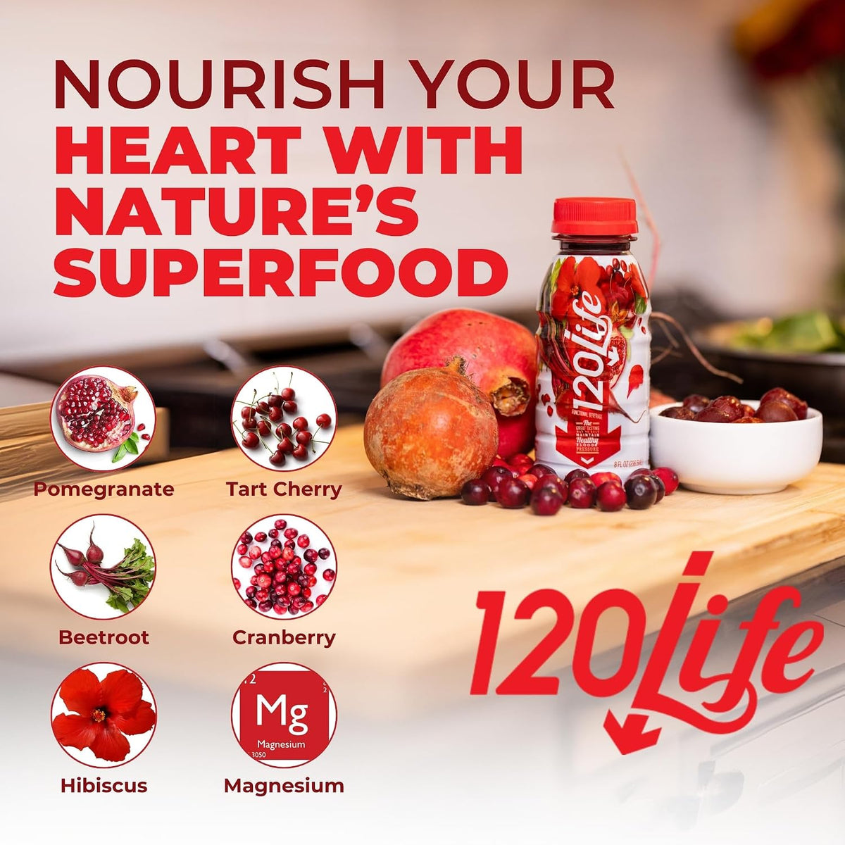 120/Life Blood Pressure Support, Beet Root Juice, Pomegranate Extract, Cranberry Juice, Tart Cherry, Hibiscus, and Magnesium (8 Fl Oz, Pack of 28) - Gluten-Free & Vegan