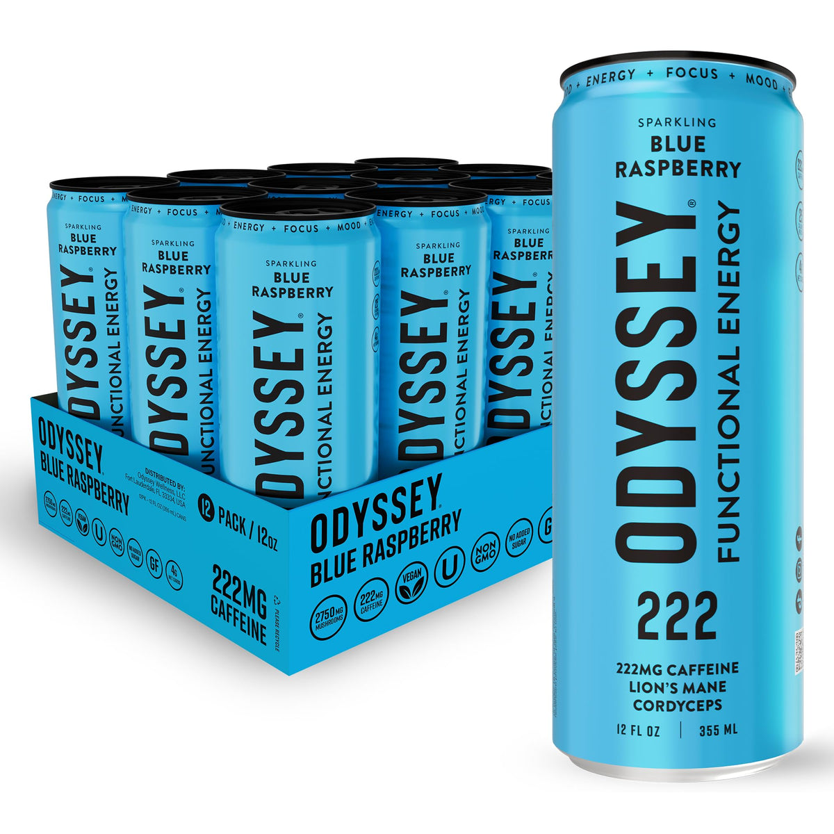 Odyssey Functional Energy Drink, 222mg Caffeine, Variety Pack, 12 OZ | Mushroom energy drink with Lion's Mane, Cordyceps, Ginseng & L-Theanine, no jitters, no crash, vegan & No Added sugars