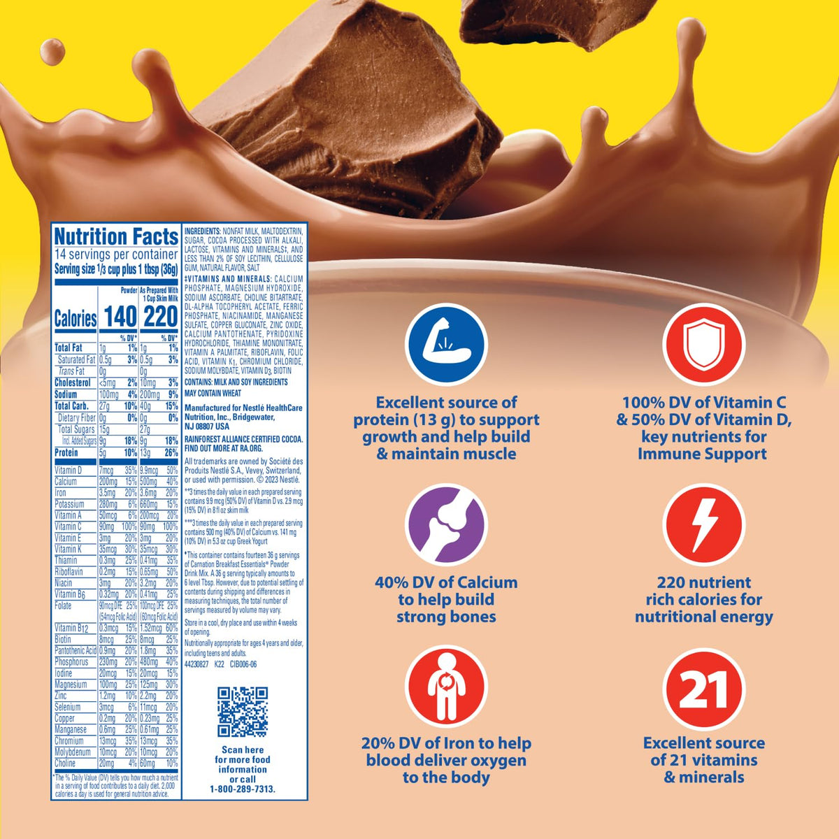 Carnation Breakfast Essentials Ready to Drink with Fiber,Rich Milk Chocolate,8 FL OZ Carton,(Pack of 48)