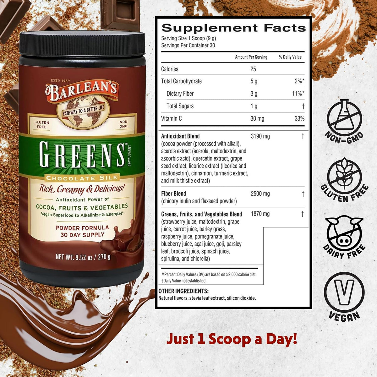 Barlean's Chocolate Greens Powder, Superfood Drink Mix, Vegan, 9.52oz